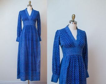 1970s Indian Cotton Dress / 70s Block Print Maxi Dress