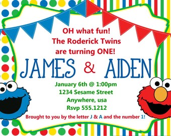 Elmo & Cookie Monster TWIN Birthday Invitations, Sesame Street Invitations
