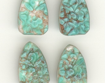 2 Antique Czech Floral Carved Turquoise Matrix True Art Deco Vintage Glass Bead Pendant 18x11x5mm P143