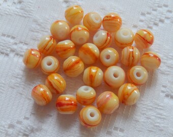 27 Yellow & Red Swirled Round Glass Beads 8mm