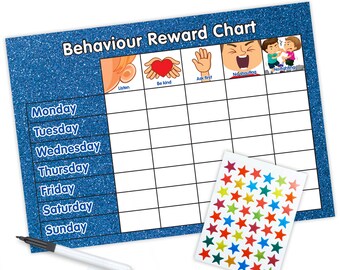 Re-usable Behaviour Reward Chart (including FREE Stickers and Pen) - Blue Glitter Design