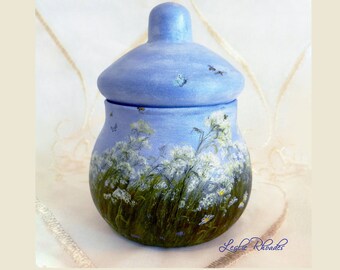 DISHWASHER SAFE - Hand Painted Jar with Lid, OOAK - Queen Ann's Lace, Bees & Butterflies