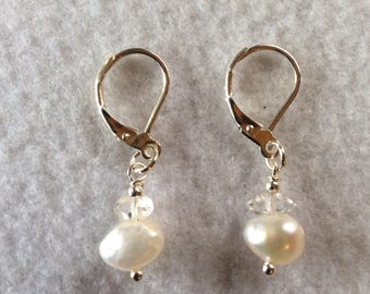 Pearl and Herkimer diamond earrings, Sterling silver