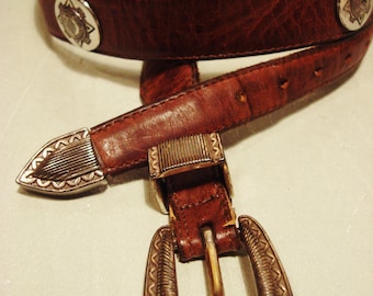 Vintage 1990s Distressed Leather Belt with Native Coin Head Conchos
