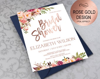 Rose Gold Bridal Shower Invitation, Bridal Shower Invite, Wedding Shower Invitations, Wedding Printable, DIY PDF Instant Download|VRD164BSRR