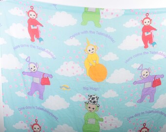 Teletubbies, Fitted and Flat Sheet, 1990s, Twin Bed Sheet, Blue, Clouds, Children, Collection, Vintage, Nostalgia, ~ 170415