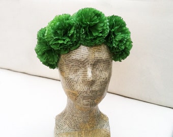 St. Patricks Day Green Flower Crown, Carnation Floral Crown, Green Flower Headpiece, St. Patricks Day Costume, Pom Pom Headband, Crown