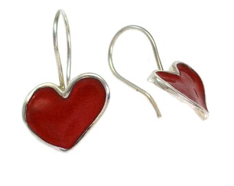 Red Heart Shaped Earrings, Dangle Heart Earrings, Red Enamel Heart Earrings, Heart Valentine Gift for her, Love Jewelry