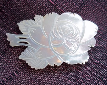 Vintage Hand-Carved Mother-of-Pearl Rose Brooch - Carved Shell Pin - White Iridescent Brooch - Floral Brooch - Flower Brooch - Pearlized Pin