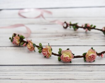 Handcrafted Summer Pink and French Cream Flower Crown - Adult Flower Crown - Woodland Halo - Bridesmaid Hair Accessory - Pink Adult Headband