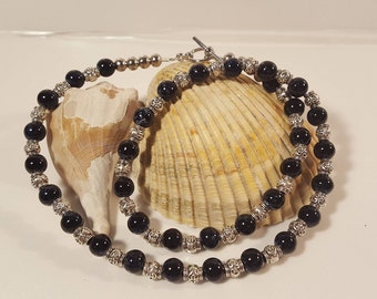 Necklace with Silver and Black Glass Beads