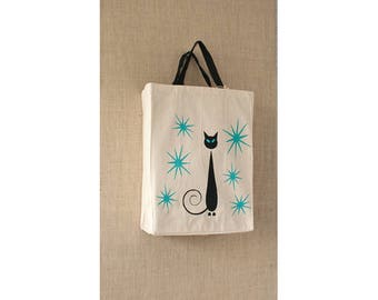 Black Cat, Mid Century, Free Shipping, Canvas Bag, Reusable Grocery Bag, Turquoise, Eco Friendly Bag, Tote Bag, Siamese Cat
