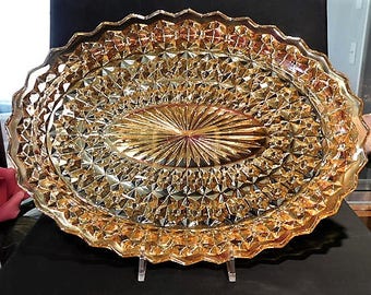 Mid Century Iridescent Platter / Glass Oval Serving Plate / Buttons and Bows / Jeannette Glass