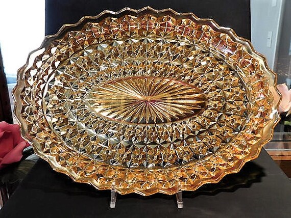 Mid Century Iridescent Platter / Glass Oval Serving Plate / Buttons and Bows / Jeannette Glass