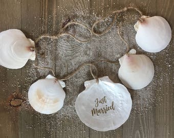 Just Married Banner w/Shells, Just Married Shell Banner, Just Married Car Banner, Coastal Wedding Banner, Wedding Mantel Decor