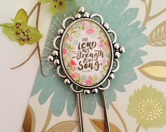 The Lord is my strength and my song, Christian page marker, Bible desk accessory, religious bookmark, giant paper clip, framed cabochon