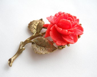 Resin Rose Flower Brooch Pin Coral Vintage
