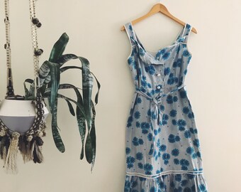 70s Blue Floral Wiggle Dress