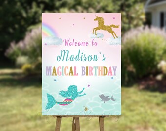 Magical unicorn Welcome sign Mermaid welcome banner Little mermaid and unicorn birthday Magic birthday party Mermaid tail sign Party sign