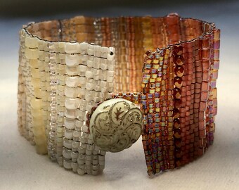 Cream-Amber Ombre Hand-Woven Beaded Bracelet