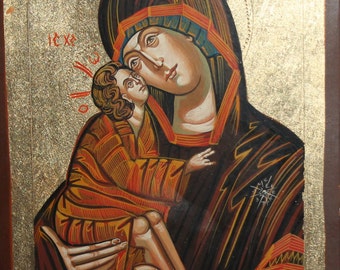 Tempera/Wood Hand Painted Icon Virgin Mary Christ Child