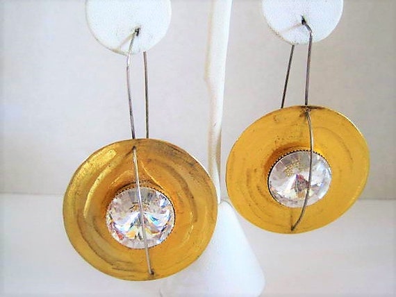 Art Gallery Earrings, Rhinestone Chandeliers, Gold DIscs, Sterling Ear Wires, Holiday Evening Pierced