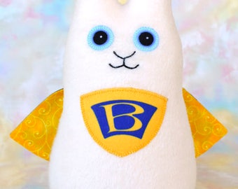 Handmade Wonder Bunny Rabbit Stuffed Animal, Vanilla, Blue, Yellow Fleece, Plush Kids Baby Toddler Toy, Hug Me Bunny, Personalized Tag, 9 in