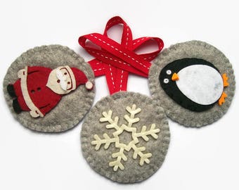 Felt Christmas Ornaments, Set of 3 Christmas Tree Decorations, Santa Claus, Penguin, Felt Snowflake, Silver Decor