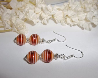 Brown Striped Dangle Earrings Jewelry 925 Sterling Silver Ear Wires Gift for Her Pinstripe Handmade Vintage Look Style Fashion wvluckygirl
