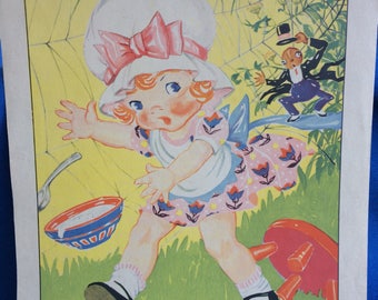 Vintage Nursery Rhyme Little Miss Muffet Children’s Book Art Print 30’s 40’s Illustration by Ruth E. Newton