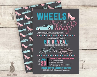 Wheels Or Heels? Baby Gender Reveal Invitations - Colors Used: Charcoal, Cyan, Pink, Baby Blue, & Baby Pink
