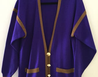 Size 6, 70s PURPLE & BROWN Vintage Cardigan with Glossy Gold Chunky Conical Buttons, by Lilli Ann Collections