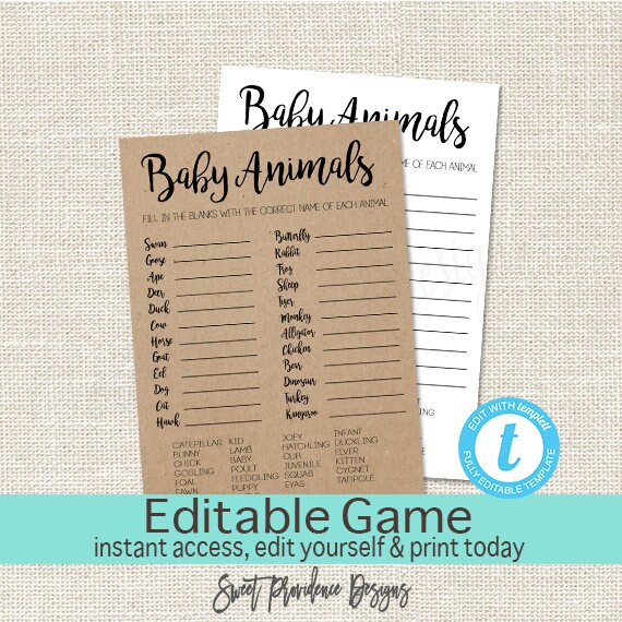 Printable Rustic Baby Shower Baby Animals Game Printable