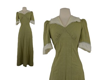 70s Maxi Dress, 1970s Green Boho Chic Maxi Dress, Cotton & Lace Maxi Dress, Empire Waist Dress, Festival Dress, Gauzy, XS Small Size 0-2