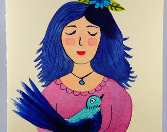 ORIGINAL The Protector, Woman with Bird, Strong Woman, Woman's Face, Mother's Day, Portrait Watercolor Painting