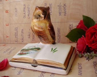 Vintage HUNGARIAN porcelain bird figurine,Owl w.book,handpainted