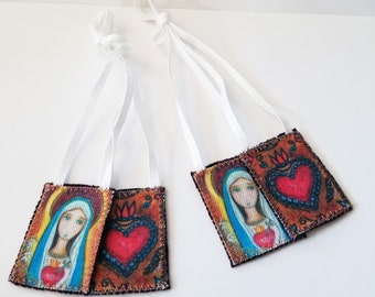 Immaculate Heart of Mary - Set of 2 Scapulars - Handmade - Original Art by FLOR LARIOS
