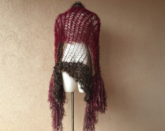 Red and Brown Shawl by Stevie Nicks Shawl Designer Crickets Meyeres Shawl Very Dark Brown and Red Shawl Rust Fringe Shawl