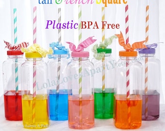 French Square 12 Plastic BPA FREE Bottles (12 oz) Clear Drink Bottles, Lids Party / Crafts/ School/ Cruise/ Kids cup