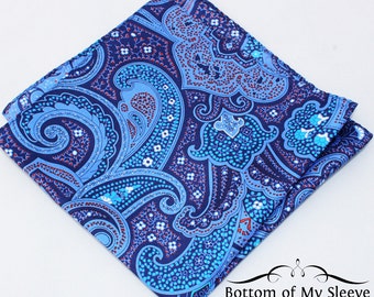 Indigo, Light Blue, and Cranberry Paisley Pocket Square