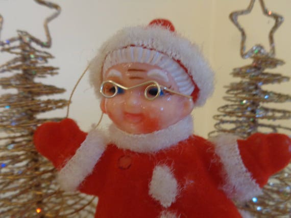 Vintage 1960s Flocked Mrs Santa Claus Christmas Ornament Hong Kong