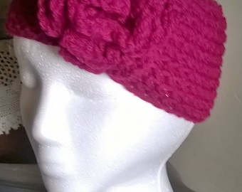 Hot Pink Crocheted Headband with Flower