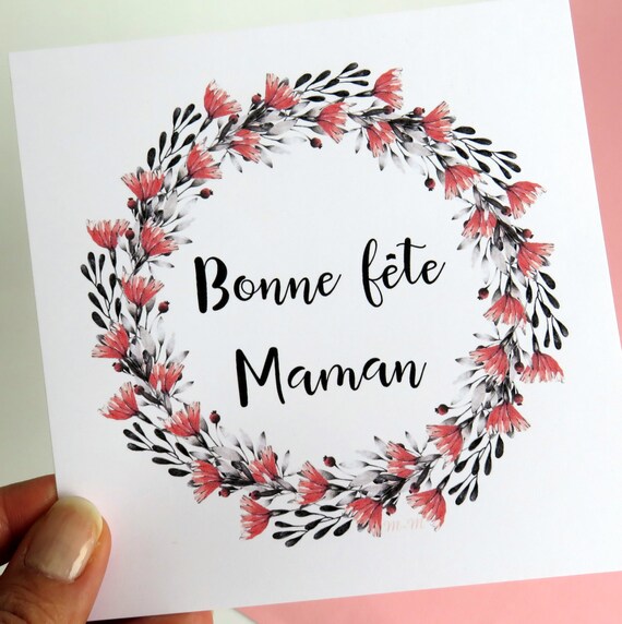 Carte Bonne Fête Maman couronne de fleurs rouge grenat Carte