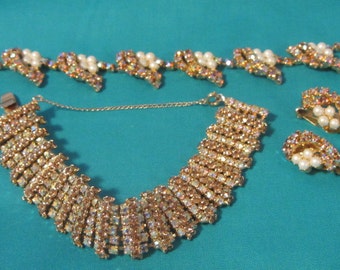 Glitzy Multi Color Rhinestone Jewelry Necklace Bracelet Earrings, Mid Century Rhinestone Jewelry Set, Multi Color Crystal Rhinestone Set
