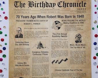 70th Birthday Gifts, Personalized, Headline News Print, Time Capsule, Newsletter Style, 1948 Birthday Gift, Chronicle, 70th Milestone Gifts