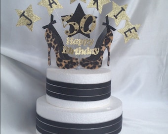 Zebra or Leopard High Heel Shoes Stiletto Glitter Birthday Cake Topper Party Decoration, Any Age And Name,16th,18th,21st,50th, 60th, 65th