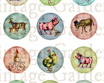 Farm Animals Party - Inchie Circles - Digital Collage Sheet - printable altered art round pendant necklace bottlecaps cabochon jewelry