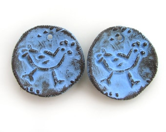 Hen Beads - ceramic beads, blue beads, stoneware, rustic, tribal, ethnic, pair for earrings, coin beads, primitive, animal beads