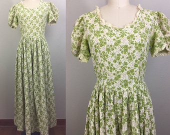 Vintage 30s 40s Green Floral Cotton Dress M