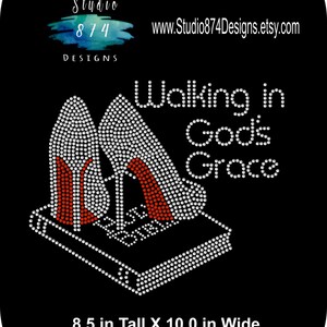 Rhinestone Bling Iron-On Transfer - Walking in God's Grace - High Heel - Bible - God - Religious - Bling DIY Applique